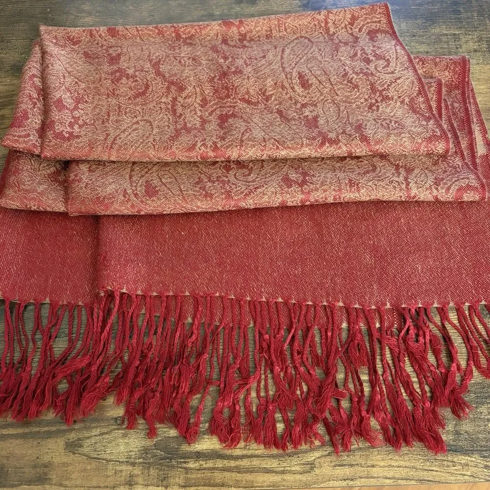 Reversible Pashmina Cashmere Silk Scarf Stole Wrap Shawl Paisley Burgundy Gold